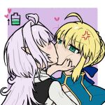  2girls ahoge am0930 anger_vein artoria_pendragon_(fate) battery_indicator blonde_hair blush braid fate/grand_order fate/stay_night fate_(series) forced_kiss grabbing_another&#039;s_chin green_eyes hair_ribbon hand_on_another&#039;s_chin heart highres kiss lady_avalon_(fate) long_hair merlin_(fate/prototype) multiple_girls pointy_ears ribbon saber_(fate) short_hair sidelocks white_hair yuri 