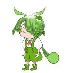  1girl boots brooch closed_eyes closed_mouth commentary food-themed_hair_ornament gegege_no_kitarou green_footwear green_hair green_shorts hair_ornament hair_over_one_eye highres jewelry light_blush long_hair low_ponytail mizuki_shigeru_(style) neck_ribbon one_eye_covered parody pink_ribbon puffy_short_sleeves puffy_shorts puffy_sleeves ribbon shiino_(shi_no_q) shirt short_sleeves shorts simple_background solo standing suspender_shorts suspenders tareme voicevox white_background white_shirt zunda_mochi zundamon 