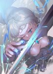  1girl blue_eyes breasts cleavage commentary_request highres long_hair myrtenaster ponytail rapier revision rwby scar scar_across_eye shiny shiny_hair shiny_skin side_ponytail solo sword wangxiii weapon weiss_schnee white_hair 