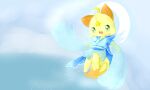 2015 absurd_res anthro blue_clothing blue_dress canid canine clothing deaic detailed_background dress female flying fox fur hi_res kemono mammal open_mouth open_smile sea smile solo water yellow_body yellow_fur