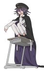  1boy black_cape black_headwear cape checkered_clothes checkered_scarf danganronpa_(series) danganronpa_v3:_killing_harmony desk expressionless full_body hair_between_eyes highres long_sleeves looking_at_viewer male_focus oma_kokichi on_desk purple_eyes purple_hair scarf school_desk short_hair solo squatting straitjacket white_background xiao_(grsnss25) 