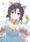  1girl :3 animal_ears animal_hands antenna_hair bell black_eyes black_hair blue_collar blue_dress blush bow buttons cat_ears cat_tail collar collarbone commentary_request dress flat_chest fur-trimmed_dress fur_trim gloves hands_up heart idolmaster idolmaster_(classic) jingle_bell kikuchi_makoto looking_at_viewer mogskg paw_gloves short_hair short_twintails sidelocks smile solo tail tail_bell tail_ornament twintails twitter_username white_background white_bow white_gloves 