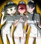  3girls asymmetrical_hair black_hair blush cyclops dress green_eyes green_hair grin haem_yang hand_on_own_thigh hat highres holding holding_syringe ichigou_(ikigusare) ikigusare long_hair multiple_faces multiple_girls nigou_(ikigusare) nurse nurse_cap one-eyed open_mouth red_hair sangou_(ikigusare) short_dress short_sleeves sidecut skin_tight smile stitched_face stitches syringe thigh_gap thighhighs twintails undercut yellow_background zettai_ryouiki 