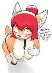 anthro breasts canid canine canis domasarts domestic_dog female fur hair heiko_(domasarts) hi_res inner_ear_fluff mammal nipple_piercing nipples piercing red_hair simple_background solo text tuft yellow_eyes