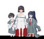  aged_down black_coat black_eyes black_hair black_vest blue_eyes blue_hair blue_hairband bob_cut bottomless coat coat_on_shoulders collared_shirt commentary_request hairband heterochromia high_ponytail highres hong_lu_(project_moon) limbus_company long_hair necktie no_710 open_clothes open_coat oversized_clothes project_moon red_eyes red_necktie ryoshu_(project_moon) shirt short_hair simple_background vest white_background white_shirt yi_sang_(project_moon) 