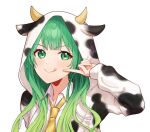  1girl animal_costume animal_hood animal_print blush character_request cheek_poking collared_shirt commission cow_costume cow_print fake_horns green_eyes green_hair hood hood_up hoodie horns index_finger_raised long_hair long_sleeves looking_at_viewer necktie poking shirt smile tokifuji_kougetsu tongue tongue_out virtual_youtuber 