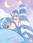  1other absurdres blue_hair blue_pajamas chocoeiru highres humanization long_hair looking_at_viewer looking_back moon pajamas rimuru_tempest tensei_shitara_slime_datta_ken yellow_eyes 