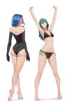  2girls absurdres armpits arms_up ass bare_legs bare_shoulders barefoot bikini black_bikini black_gloves black_leotard blue_eyes blue_hair breasts commentary elbow_gloves english_commentary feet film_grain full_body gloves green_eyes green_hair groin hair_over_shoulder highres legs_apart leotard long_hair looking_back looking_up multiple_girls navel original parted_lips side-tie_bikini_bottom simple_background small_breasts standing stretching swimsuit tbocart tiptoes toned white_background 