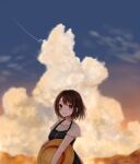  1girl blush brown_eyes brown_hair cloud dress hat highres holding holding_clothes holding_hat looking_at_viewer original outdoors pinafore_dress short_hair short_sleeves sky sleeveless sleeveless_dress smile solo straw_hat sunset suzuko_(suzukosz) 