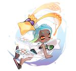  1girl black_shorts blue_hair blue_trim blush closed_mouth dark-skinned_female dark_skin flip-flops gradient_hair green_eyes green_hair looking_at_viewer medium_hair multicolored_hair octoling octoling_girl orange_eyes purple_eyes sandals shirt short_shorts shorts smile spl8ya splatoon_(series) squid tentacle_hair thick_eyebrows two-tone_hair white_shirt 