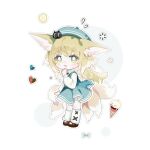  20000212open alternate_costume animal_ear_fluff animal_ears arknights beret blonde_hair blue_dress blue_headwear blush bright_pupils brown_footwear chibi chinese_commentary collared_shirt colored_tips commentary_request creature_on_head crossover dress flying_sweatdrops food fox_ears fox_girl fox_tail fruit green_eyes hat heart heixiu highres ice_cream kitsune kyuubi lemon lemon_slice long_hair luo_xiaohei_zhanji multicolored_hair multiple_tails parted_lips pinafore_dress sample_watermark shirt sleeveless sleeveless_dress socks suzuran_(arknights) tail watermark white_hair white_pupils white_shirt white_socks 
