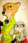  anthro canid canine disney duo eyewear fox fur grey_body grey_fur hi_res judy_hopps lagomorph leporid mammal monmokamoko nick_wilde orange_body orange_fur rabbit red_fox sunglasses zootopia 