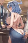  1girl 2boys absurdres ako_(blue_archive) ako_(dress)_(blue_archive) alcohol ass ass_grab back backless_dress backless_outfit bare_arms bare_shoulders blue_archive blue_dress blue_eyes blue_hair blue_halo blue_necktie blurry blurry_background blush breasts butt_crack champagne closed_mouth collared_shirt cup dress from_behind halo highres holding holding_cup large_breasts looking_back medium_hair multiple_boys necktie official_alternate_costume onedoo shirt smile solo_focus white_shirt 
