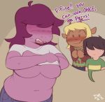  2019 anthro antlers big_breasts blonde_hair blush breasts chubby_female clothing deltarune dezz female freckles green_clothing hair horn human kris_(deltarune) mammal noelle_holiday purple_body shirt susie_(deltarune) topwear video_games yellow_body 