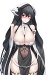  1girl artist_name azur_lane bare_shoulders black_gloves black_hair blush breasts cleavage collarbone cosplay covered_navel cowboy_shot crossed_bangs fake_horns gloves groin habit hair_between_eyes hand_up highres horns implacable_(azur_lane) implacable_(azur_lane)_(cosplay) large_breasts long_hair navel parted_lips pelvic_curtain red_eyes simple_background solo taihou_(azur_lane) thighhighs twitter_username very_long_hair white_background white_thighhighs yorugami_rei 