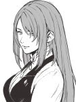  1girl alpaca_carlesi breasts closed_mouth final_fantasy final_fantasy_xvi grey_eyes grey_hair greyscale hair_between_eyes jill_warrick light_smile long_hair medium_breasts monochrome neck_ribbon portrait ribbon shirt sketch solo upper_body vest white_background white_shirt 