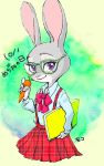  anthro carrot_pen clothed clothing disney eyewear fully_clothed fur glasses grey_body grey_fur hi_res holding_object japanese_text judy_hopps lagomorph leporid mammal monmokamoko rabbit simple_background solo text zootopia 