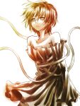  1girl alice_(baroque) baroque_(series) brown_theme closed_mouth cowboy_shot detached_sleeves dress expressionless highres long_sleeves looking_ahead monochrome off-shoulder_dress off_shoulder short_hair simple_background solo white_background wind wire zero_(massa_yosshi) 