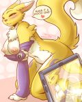 anthro areola bandai_namco biped blush breasts dialogue digimon digimon_(species) draxley female fur hi_res nipples open_mouth pupils renamon speech_bubble text thick_thighs yellow_body yellow_fur