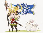  1girl animal armor black_footwear blonde_hair blue_eyes boots bravely_default:_flying_fairy bravely_default_(series) bunny children&#039;s_day edea_lee helmet highres ikusy japanese_armor kabuto katana koinobori official_art smile sword weapon 