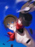  1girl absurdres aegis_(persona) android battle blonde_hair blue_background blue_eyes bow bowtie bullet dynamic_pose glowing glowing_eyes hair_between_eyes highres looking_up motion_blur open_mouth persona persona_3 persona_3_reload red_bow red_bowtie ringed_eyes s.e.e.s short_hair tenshuu93 upper_body 