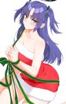  1girl absurdres alternate_costume bare_legs bare_shoulders blue_archive bound bound_wrists breasts cleavage collarbone dress fur-trimmed_dress fur_trim halo highres isocha long_hair looking_at_viewer medium_breasts purple_hair red_dress santa_dress simple_background sitting solo strapless strapless_dress two_side_up very_long_hair wariza white_background yuuka_(blue_archive) 