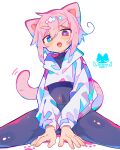  1boy absurdres animal_ears artist_self-insert blue_eyes bright_pupils cat_boy cat_ears cat_tail fang heterochromia highres hood hood_down hoodie looking_at_viewer male_focus open_mouth original paw_print pink_eyes pink_hair raito-kun_(uenomigi) simple_background skin_fang tail uenomigi white_background white_hoodie 