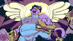 2024 absurd_res anthro blizzard_entertainment burger catty_(undertale) clothing domestic_cat ear_piercing ear_ring fangs felid feline felis female food fur gingerlybreadart glamburger hi_res mammal mercy_(overwatch) overalls overwatch overweight overweight_anthro overweight_female parody piercing purple_body purple_fur ring_piercing solo teeth undertale_(series)