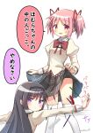  2girls absurdres akemi_homura black_hair blush bow bowtie clothes_lift hair_ribbon highres hoshikage_wataru juliet_sleeves kaname_madoka long_hair long_sleeves looking_at_viewer mahou_shoujo_madoka_magica mahou_shoujo_madoka_magica_(anime) mitakihara_school_uniform multiple_girls open_mouth pencil pink_eyes pink_hair puffy_sleeves purple_eyes red_bow red_bowtie red_ribbon ribbon ruler school_uniform short_twintails signature skirt skirt_lift speech_bubble stapler thighhighs translation_request twintails white_background white_thighhighs 