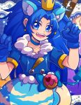  1girl 1jumangoku animal_ear_fluff animal_ears blue_background blue_bow blue_choker blue_eyes blue_gloves blue_hair blue_shirt blue_skirt blue_sleeves bow bubble_skirt choker claw_pose collarbone colored_skin commentary_request cowboy_shot crown crown_earrings cure_gelato fangs food food-themed_background frilled_skirt frills fur-trimmed_shirt fur_trim gloves heart ice_cream kirakira_precure_a_la_mode lace_background light_blush lion_ears lion_tail long_hair magical_girl mini_crown miniskirt multicolored_skin open_mouth pocky polka_dot polka_dot_background precure shirt short_sleeves simple_background skirt smile solo sparkle star_(symbol) tail tategami_aoi teeth two-tone_skin upper_teeth_only waist_bow white_skirt yellow_headwear 