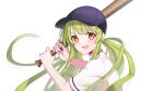  1girl baseball_bat baseball_cap blush character_request commission copyright_request from_side green_hair hat holding holding_baseball_bat long_hair low_twintails open_mouth red_eyes short_sleeves smile solo tokifuji_kougetsu twintails v-shaped_eyebrows virtual_youtuber 