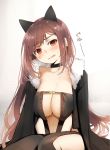  1girl animal_ears bangs bare_shoulders black_dress blush breasts brown_hair cat_ears center_opening choker cleavage collarbone consort_yu_(fate) dress earrings fate/grand_order fate_(series) fur-trimmed_jacket fur_trim jacket jewelry kujiran large_breasts long_hair long_sleeves looking_at_viewer multiple_earrings open_mouth red_eyes revealing_clothes ribbon-trimmed_dress simple_background sitting solo strapless strapless_dress swept_bangs thighs very_long_hair white_background 