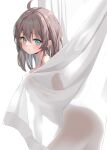  1girl absurdres ahoge aqua_eyes bare_shoulders behind_curtains brown_hair commentary_request completely_nude highres hololive looking_at_viewer medium_hair natsuiro_matsuri nude oniku_(o29sukizero) see-through_silhouette simple_background solo virtual_youtuber white_background 