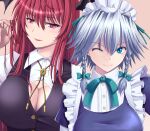  2girls adjusting_hair black_jacket blue_dress blue_eyes blue_hair bow breasts cleavage dress hair_bow highres izayoi_sakuya jacket koakuma maid maid_headdress multiple_girls multiple_hair_bows one_eye_closed pink_background red_eyes red_hair touhou vision_(artist) white_headwear 