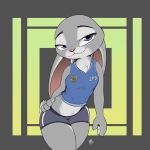  1:1 2020 anthro bottomwear breasts chest_tuft clothed clothing disney female fully_clothed fur grey_body grey_fur half-closed_eyes hand_on_hip hi_res hotpants judy_hopps lagomorph leporid looking_at_viewer louart mammal midriff narrowed_eyes pink_nose purple_eyes rabbit shirt shorts smile solo tank_top topwear tuft zootopia 