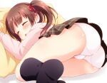  1girl ass black_socks blunt_bangs blush brown_hair brown_skirt closed_eyes hair_ribbon hand_up head_on_pillow idolmaster idolmaster_cinderella_girls legs legs_together long_sleeves lying mikan-ya miniskirt no_shoes ogata_chieri on_side open_mouth panties pillow pink_sweater plaid plaid_skirt pleated_skirt red_ribbon ribbon simple_background skirt sleeping socks solo sweater thighs twintails underwear white_background white_panties 
