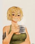  1girl arm_tattoo artist_name blonde_hair breasts brown_eyes cleavage cup english_commentary green_tank_top hair_between_eyes half-closed_eyes highres holding holding_cup marichka medium_breasts meme_attire military original short_hair signature smile smug solo tank_top tattoo tryzub upper_body usergore white_background 