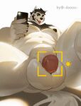 anthro balls between_thighs big_muscles electronics genital_outline genitals hi_res huge_muscles low-angle_view male muscular muscular_male pecs penis phone solo white_body