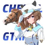  1girl absurdres acht_augen animal_ears ascot blue_eyes bridle brown_hair character_name cheval_grand_(racehorse) cheval_grand_(umamusume) commentary_request creature_and_personification gloves hair_between_eyes hat hat_belt highres horse horse_ears horse_girl jacket looking_at_viewer multicolored_hair partial_commentary peaked_cap simple_background streaked_hair umamusume upper_body white_background white_gloves white_hair white_headwear white_jacket yellow_ascot 