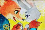  anthro canid canine clothed clothing disney duo eye_contact fox fur grey_body grey_fur hand_holding hi_res judy_hopps lagomorph leporid looking_at_another mammal monmokamoko nick_wilde orange_body orange_fur rabbit red_fox zootopia 