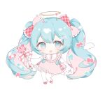  1girl :d blue_bow blue_eyes blue_hair blush bow chibi drawing_kanon frilled_bow frills full_body hair_bow hair_ornament hairclip halo hatsune_miku highres holding holding_wand long_hair long_sleeves looking_at_viewer multicolored_hair pink_bow pink_footwear pink_hair pink_skirt plaid plaid_bow puffy_long_sleeves puffy_sleeves shirt shoes simple_background skirt sleeves_past_fingers sleeves_past_wrists smile solo thighhighs two-tone_hair very_long_hair vocaloid wand white_background white_shirt white_thighhighs x_hair_ornament 