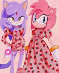  2girls amy_rose animal_ears bad_id bad_twitter_id blaze_the_cat cat_ears cat_girl cat_tail dress food_print forehead_jewel furry furry_female gloves green_eyes hair_down highres ksuzee looking_at_viewer multiple_girls pink_dress pink_fur purple_fur smile sonic_(series) strawberry_print tail twitter_username white_gloves yellow_eyes 