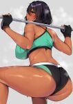  1girl absurdres ass back barbell black_buruma black_gloves black_hair bob_cut breasts buruma commentary_request commission dark-skinned_female dark_skin exercise fingerless_gloves from_behind girls_und_panzer gloves green_buruma green_eyes green_sports_bra grey_background half-closed_eyes highres hoshino_(girls_und_panzer) huge_breasts kshimu looking_at_viewer looking_back partial_commentary pixiv_commission short_hair solo sports_bra squatting steam sweat two-tone_buruma weightlifting 