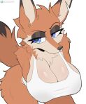 anthro biped blue_eyes breasts canid canine cleavage clothed clothing cooliehigh eyelashes female fox fur hi_res mammal orange_body orange_fur simple_background solo white_background