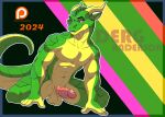 anthro balls derg_(character) digital_media_(artwork) dragon erection facial_piercing franklyfurry genitals green_body hi_res horn looking_at_viewer male mammal nose_piercing nude penis piercing reptile scales scalie simple_background smile solo tail text tongue western_dragon