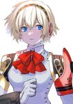  1girl aegis_(persona) android blonde_hair blue_eyes bow closed_mouth commentary_request eyelashes gloves headphones highres joints kinagi_(3307377) persona persona_3 persona_3_reload red_bow ringed_eyes short_hair simple_background solo upper_body white_background white_gloves 