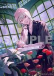  1boy :d belt belt_buckle black_jacket black_pants blunt_bangs blurry book buckle chair conservatory copyright_notice depth_of_field double-parted_bangs earrings feet_out_of_frame flipped_hair flower genzuki_toujirou glasses half_updo hand_up hinatsu indoors jacket jewelry layered_sleeves lily_(flower) long_sleeves looking_at_viewer male_focus medium_hair nail_polish necklace nijisanji official_art palm_tree pants pinching_sleeves pink_shirt plant poppy_(flower) rain red_belt red_eyes red_flower round_eyewear sample_watermark shirt short_over_long_sleeves short_sleeves sitting smile solo table teeth tree upper_teeth_only virtual_youtuber watermark white_flower white_hair window 