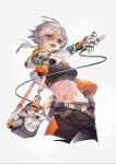  1girl absurdres arknights bag belt commentary_request glasses highres mayer_(arknights) midriff navel open_mouth short_hair simple_background solo wulifeng 