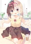  1girl :d ahoge bangs bare_shoulders bendy_straw blurry blurry_background blush bow brown_eyes brown_hair brown_legwear brown_skirt collarbone commentary_request cup depth_of_field drinking_glass drinking_straw eyebrows_visible_through_hair hair_between_eyes hair_bow hairband looking_at_viewer off-shoulder_shirt off_shoulder open_mouth original red_bow red_hairband red_ribbon ribbed_legwear ribbon shirt skirt sleeveless sleeveless_shirt smile solo striped striped_bow striped_hairband translation_request window yellow_shirt yuizaki_kazuya 