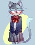  ambiguous_gender anthro blush clothing domestic_cat eyewear felid feline felis fur glasses grey_body grey_fur mammal school_uniform solo sony-shock uniform 